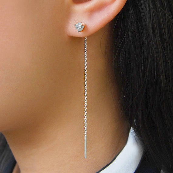 Silver Threader Earring, Silver Diamond Earring, Diamond Studs, Silver Chain, Chain Earrings, Silver Dangle Earrings, Silver Chain Threader