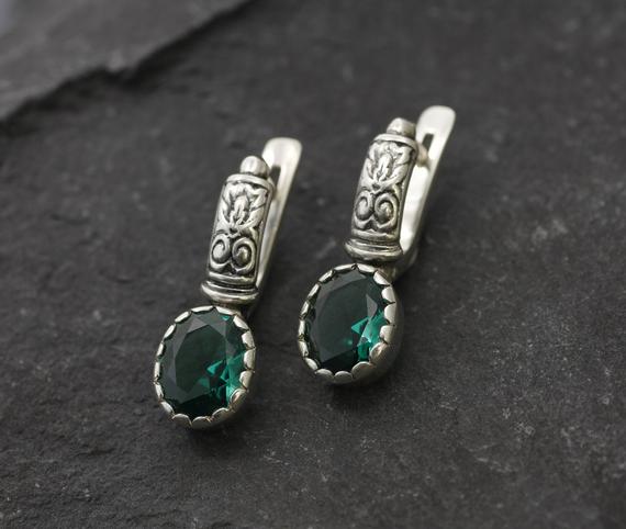 Emerald Earrings, Tribal Earrings, May Birthstone, Created Emerald Earrings, Boho Earrings, Green Gem Earrings, Silver Studs,  Adina Stone