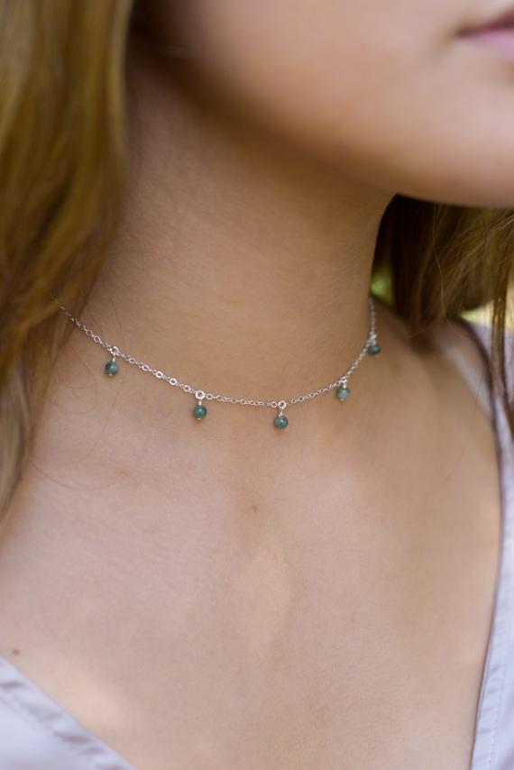 Boho Green Emerald Dangle Bead Drop Choker Necklace In Bronze, Silver, Gold Or Rose Gold - Adjustable. Handmade To Order. May Birthstone