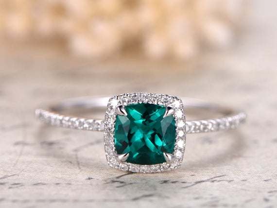 Emeraldengagement Ring Vintage 6mm Cushion Cut Emerald Ring 14k White Gold May Birthstone Ring Emerald Halo Ring Pave Diamond Wedding Ring