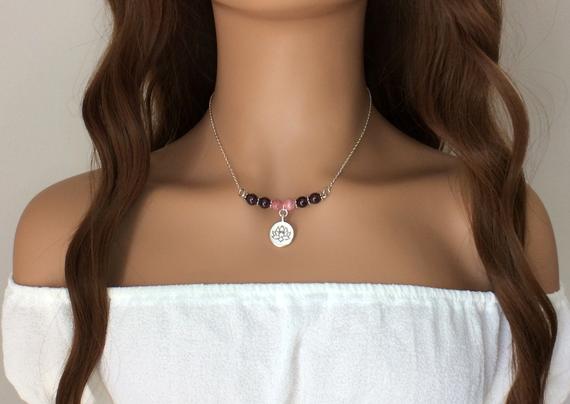 Lotus Necklace, Buddha, Om, Red, Pink, Gemstone