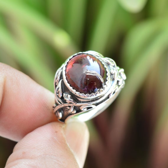 Gothic Garnet Silver Ring, Gothic Engagement Ring, Goth Promise Ring, 925 Sterling Silver Ring, Garnet Ring, Art Deco Rings For Women.
