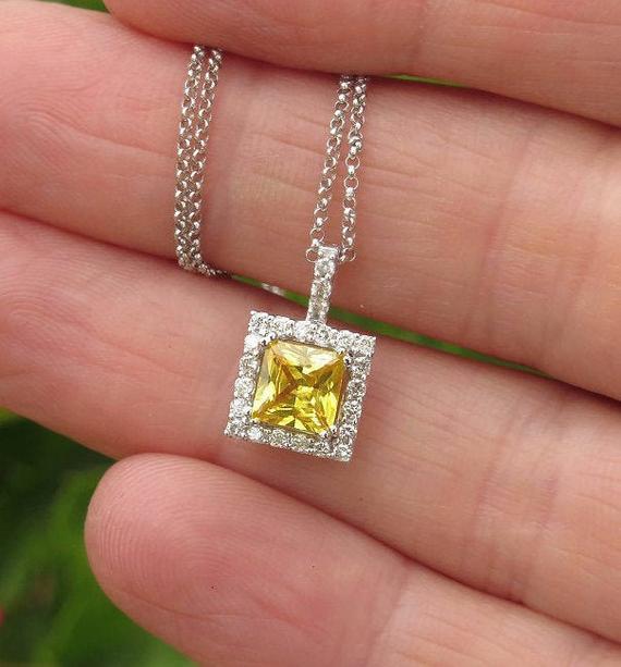 Genuine Princess Yellow Sapphire Pendant Diamond Halo In Solid 14k White Gold, Gold Chain Included, Gift For Her, Real Sapphire Necklace