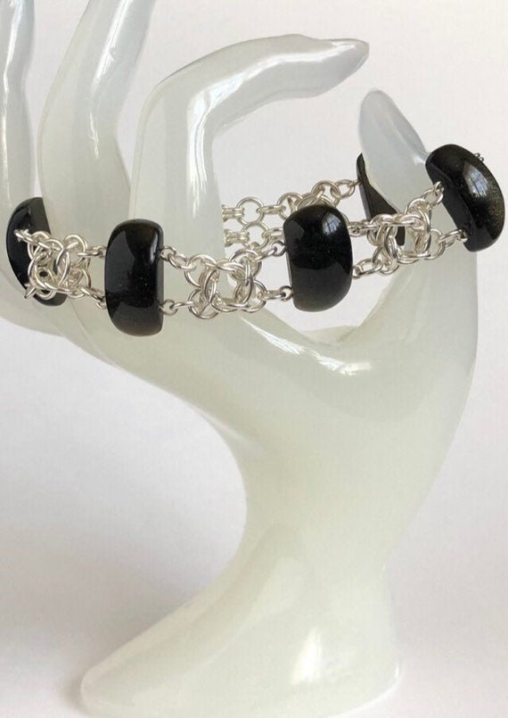 Black Golden Obsidian Bracelet, With Sterling Silver Chainmaille