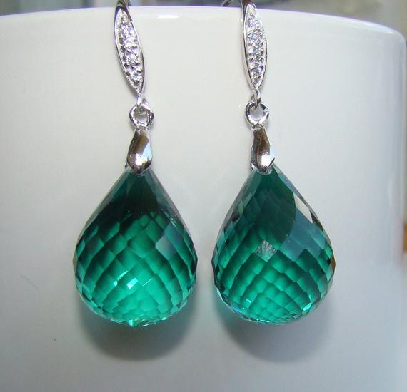Big Green Amethyst Stone Dangle Earrings Pave Sterling Silver. Luxury Jewelry.  Emerald Green Earrings.  Teardrop Gemstone.