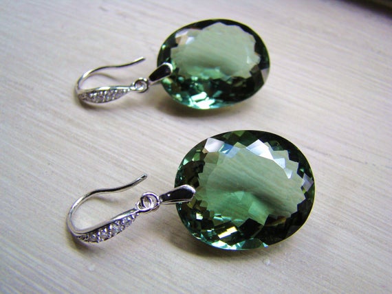 Sale Luxury Green Amethyst Stone Earrings. Sterling Silver Pave Earwires.