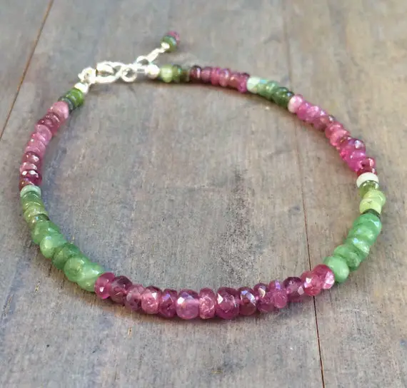 Natural Red Green Tourmaline Gemstone Bracelet.  Sterling Silver.  Delicate Bracelet.  Colorful Bracelet.  Gift Jewelry. One Of A Kind