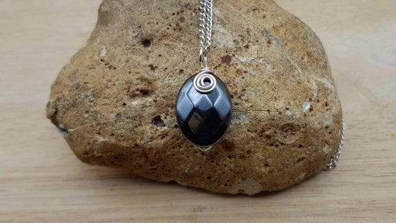 Faceted Hematite Pendant Necklace. Reiki Jewelry. Grey Wire Wrapped Pendant Uk. 20x15mm Stone. Silver Plated Necklaces For Women