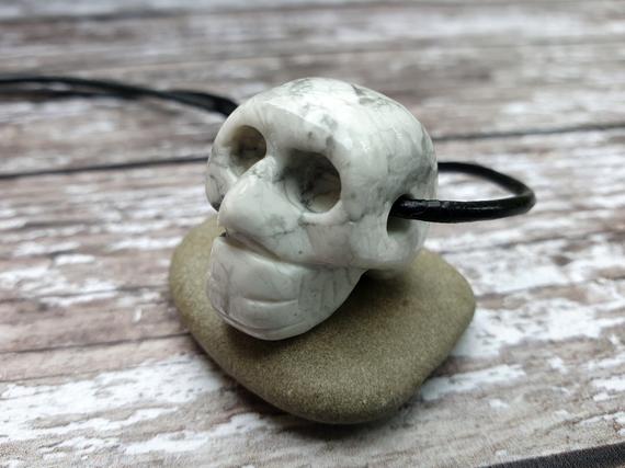 Howlite Skull Pendant, Day Of The Dead Jewellery, Carved Stone Necklace, Statement Jewellery