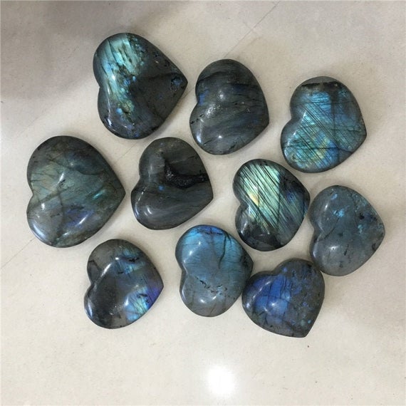 Set Of 10 Labradorite Heart Stone 30-40mm Wholesale Bulk - Healing Crystals And Stones