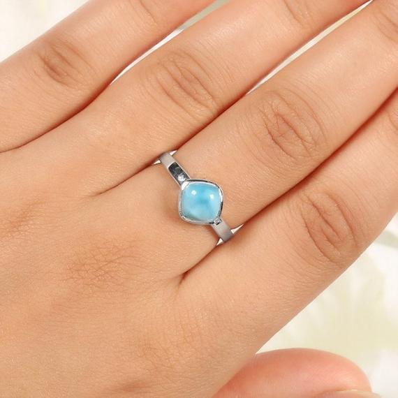 Natural Larimar Ring, 925 Sterling Silver, Blue Stone, Cushion Shape Ring, Silver Ring, Bridesmaid Ring, Made For Her, Silver Ring, Gift