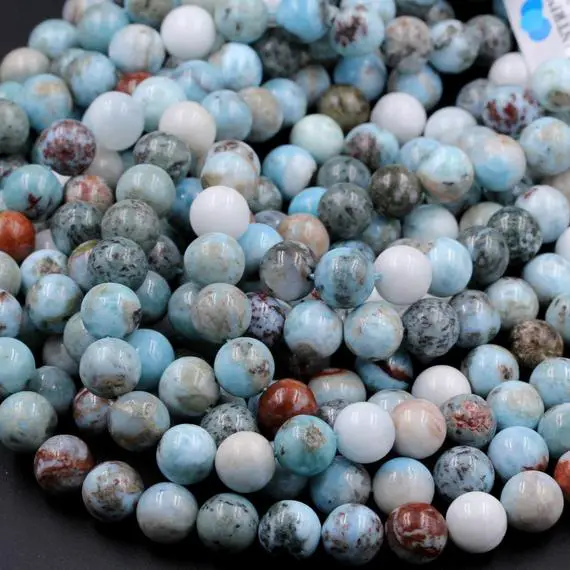 Natural Larimar Round Beads 6mm 8mm 10mm 12mm Real Genuine Blue Larimar Gemstone W Red Iron Matrix 15.5" Strand