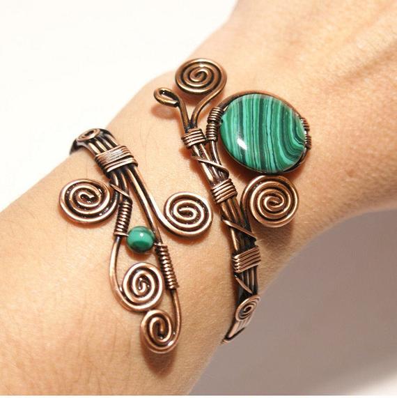 Malachite Bracelet, Copper Bracelet, Malachite Cuff Bracelet, Wire Wrapped Copper Bracelet, Copper Bracelet, Copper Wire Jewelry