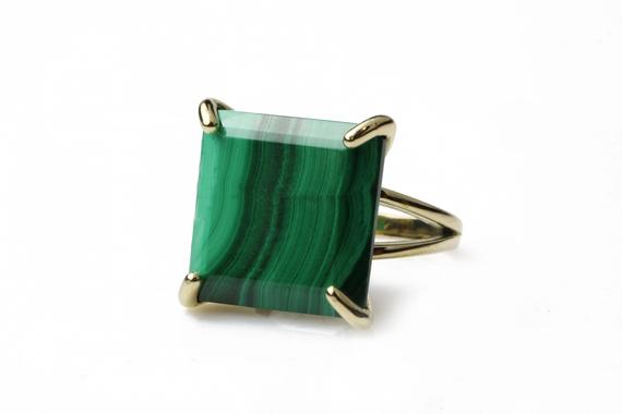 Unique Malachite Ring · Gemstone Ring · Green Malachite Jewelry · Bridal Ring · Statement Ring · Gold Ring · Square Cut Ring · Princess Ring