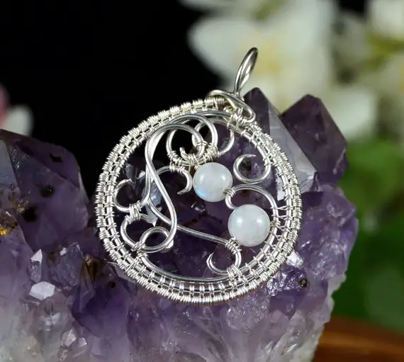 Sterling Silver Pendant With Moonstone Beads, Gift For Her, Gift For Mom, Without Chain Wire Wrapped Artisan Jewellery For Woman, Handmade