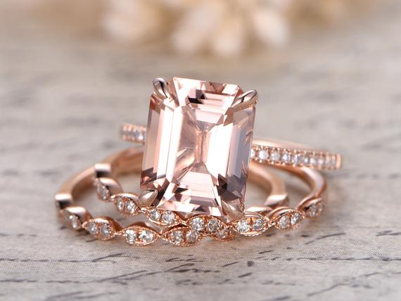 3pcs Morganite Engagement Rings Set,9x11 Emerald Cut Morganite Ring, Marquise Diamond Bands,claw Prong,solitaire Ring Set,dainty Ring Set