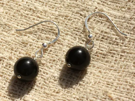 Boucles Oreilles Argent 925 Et Obsidienne Noire 10mm