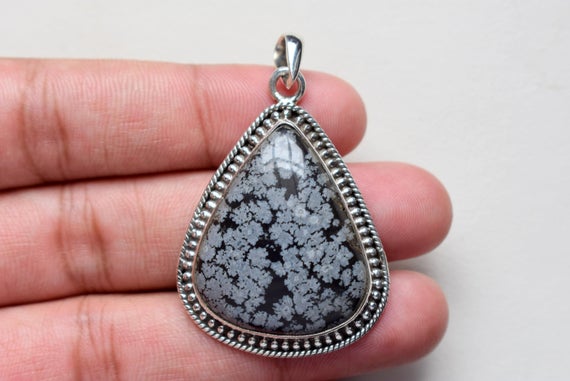 Snow Flake Obsidian Pendant, Silver Pendant, Gemstone Pendant, Jewelry Pendants, Sterling 925 Silver #p66