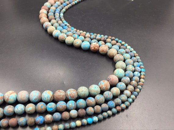 Matte Ocean Jasper Beads 4-10m Round Natural Blue Brown Ocean Jasper Gemstone Beads Jewelry Making Supplies 15.5" Strand Bulk Wholesale