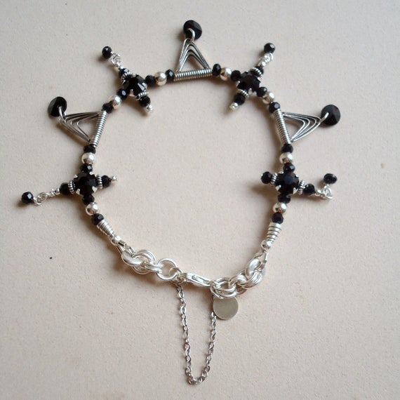 Black Bracelet Funky Bracelet Sterling Silver Jewelry Onyx Gemstone Jewellery 925 Safety Chain Unique Triangle Geometric B-48