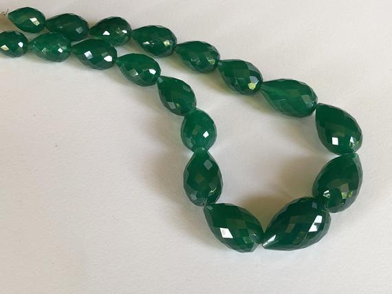 12x15mm - 15x24mm Green Onyx Faceted Drop Beads, Green Onyx Straight Drill Drops, Natural Green Onyx Necklace (6in To 12in Options) - Ang28