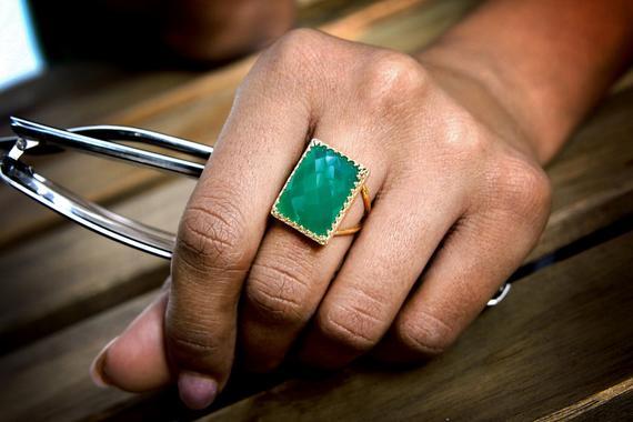 Gold Rectangular Ring · Green Onyx Ring · Large Ring · Big Ring · Gold Filled Ring · Customize Rings · Gemstone Rings · Green Ring