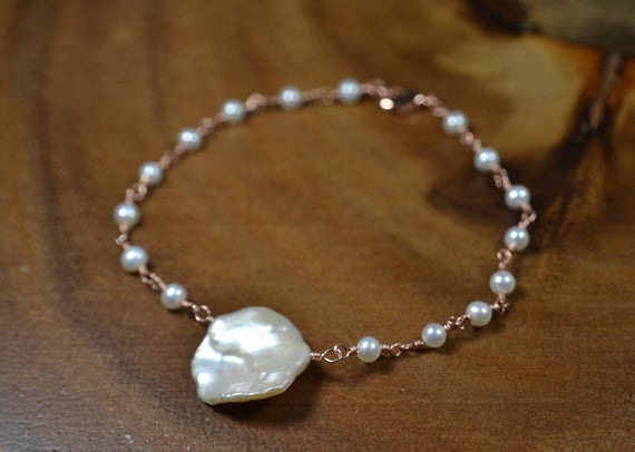 Delicate Keshi Pearl Bracelet In 14k Rose Gold, Sterling Silver // Hand Wired Pearl Bracelet // Bridal Jewelry // June Birthstone // Boho