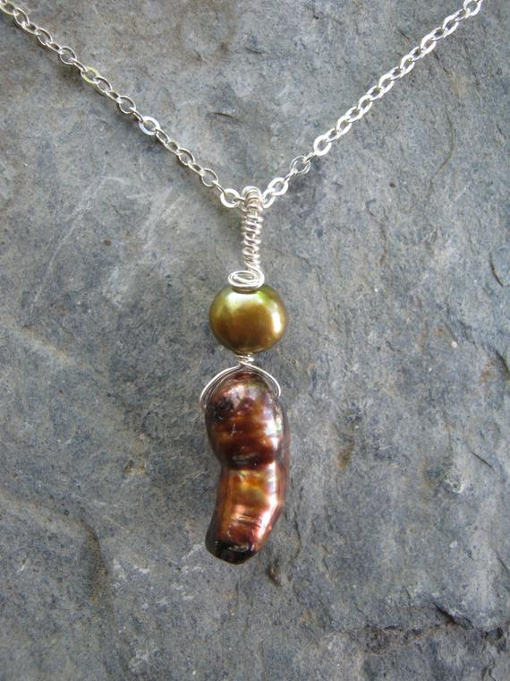 Freshwater Pearl Necklace, Brown & Green Raw Pearl Necklace, 925 Sterling Silver Wire Wrapped Necklace, Choose Your Length, Wedding Fpss6
