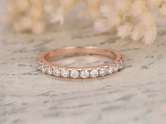 Valentine 14k Rose Gold Wedding Band Half Eternity Ring Moissanites Engagement Ring Stackable Ring Pave Peridot Ring Moissanite Wedding Ring