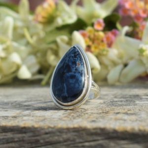 Shop Pietersite Rings! Handmade Pietersite Ring, 925 Sterling Silver, Pear Gemstone Ring, Blue Gemstone, Split Band Ring, Satement Ring, Double Bezel Set, Sale | Natural genuine Pietersite rings, simple unique handcrafted gemstone rings. #rings #jewelry #shopping #gift #handmade #fashion #style #affiliate #ad