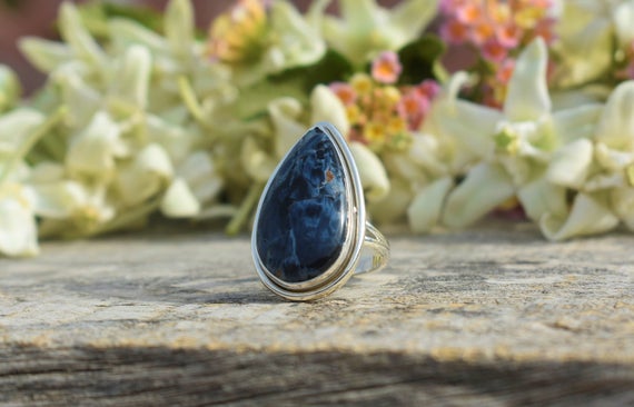 Handmade Pietersite Ring, 925 Sterling Silver, Pear Gemstone Ring, Blue Gemstone, Split Band Ring, Satement Ring, Double Bezel Set, Sale