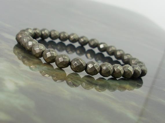 Natural Pyrite Faceted 6mm Bracelet, Natural Gemstone Beads Women Men Stretch Bracelet, Genuine Gemstone Healing Crystal Bracelet + Gift Bag