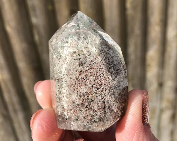 1.9" Small Polished Lodolite Quartz Point #16 Inclusion Crystal Tower, Purple Green Pink Scenic Quartz, Gemstone Decor, Gift For Her For Him