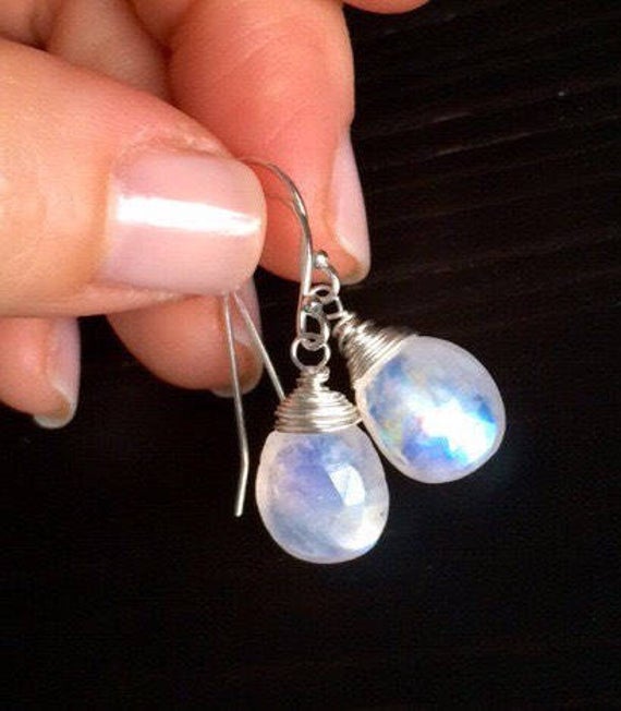 Sale Natural Rainbow Moonstone Earrings.  Sterling Silver Dangles.  Gemstone Jewelry.  June Birthstone.