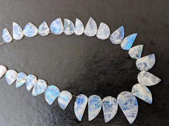 6x12mm - 14x20mm Rainbow Moonstone Leaf Hand Carved Beads, Natural Moonstone, Rare Moonstone Leaf Shape For Jelwery (5pcs To 10pcs Options)