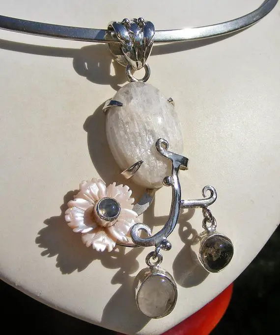 Natrolite With Phenacite, Petalite Pendant, Artistic Design With Pink Mother Of Pearl Flower, Rainbow Moonstone, Sterling Silver