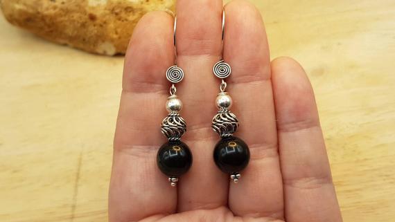 Rainbow Obsidian Earrings. Bali Silver. Reiki Jewelry Uk. Black Gemstone 10mm. Dangle Drop Earrings For Women.  Empowered Crystals