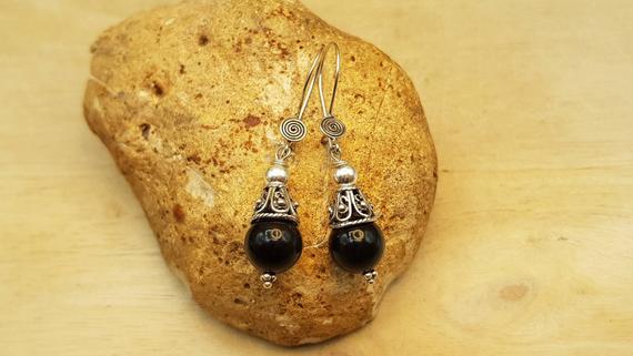 Rainbow Obsidian Cone Earrings. Bali Silver. Reiki Jewelry Uk. Black Semi Precious Stone 10mm. Dangle Drop Earrings.  Empowered Crystals