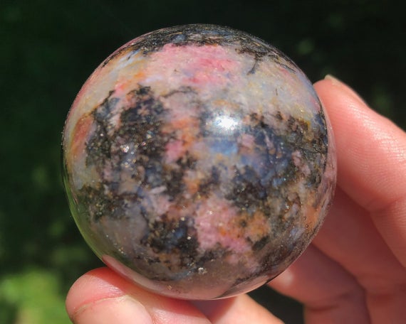 1.7" Gemmy Cherry Blossom Rhodonite Sphere With Blue Flash  Crystal Ball #3