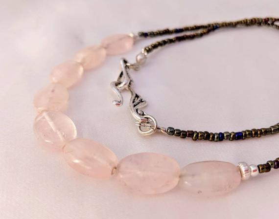 Dainty And Simple, Rose Quartz Necklace. Long, Layering Jewelry. Pink, Brown & Gold, Pantone Color Of The Year. Vintage Stones