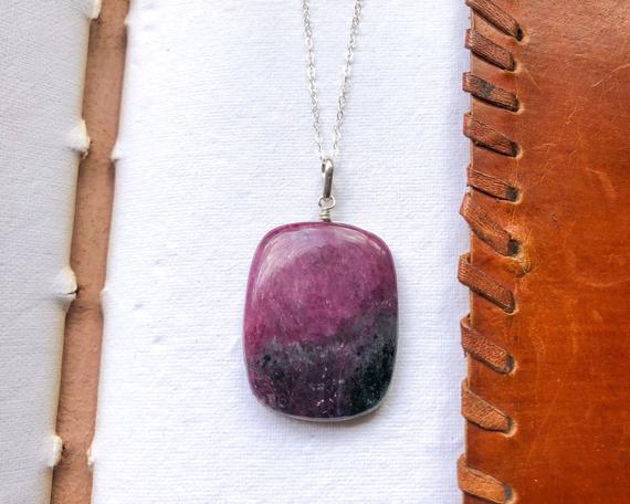 Ruby Zoisite Pendant, Square Shaped Natural Ruby Zoisite Sterling Silver Pendant, Watermelon Ruby, Large Ruby Pendant, Ruby Silver Jewelry