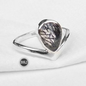 Shop Rutilated Quartz Rings! Chevron Rutilated Quartz Ring, Black Gemstone Ring, Pear Quartz Ring, Silver Band Ring, Gift For Her, Yoga Ring, Gift | Natural genuine Rutilated Quartz rings, simple unique handcrafted gemstone rings. #rings #jewelry #shopping #gift #handmade #fashion #style #affiliate #ad