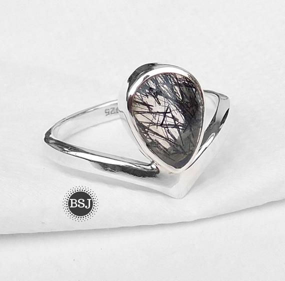Chevron Rutilated Quartz Ring, Black Gemstone Ring, Pear Quartz Ring, Silver Band Ring, Gift For Her, Yoga Ring, Gift