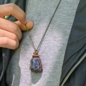 Shop Sapphire Pendants! Raw Sapphire Necklace, Necklace for Men, Wire Wrapped Pendant, Raw Gemstone Necklace, Long Distance Boyfriend Gift | Natural genuine Sapphire pendants. Buy handcrafted artisan men's jewelry, gifts for men.  Unique handmade mens fashion accessories. #jewelry #beadedpendants #beadedjewelry #shopping #gift #handmadejewelry #pendants #affiliate #ad