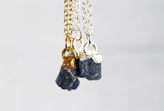 Raw Sapphire Necklace - Raw Gemstone Pendant - September Birthstone - Rough Crystal