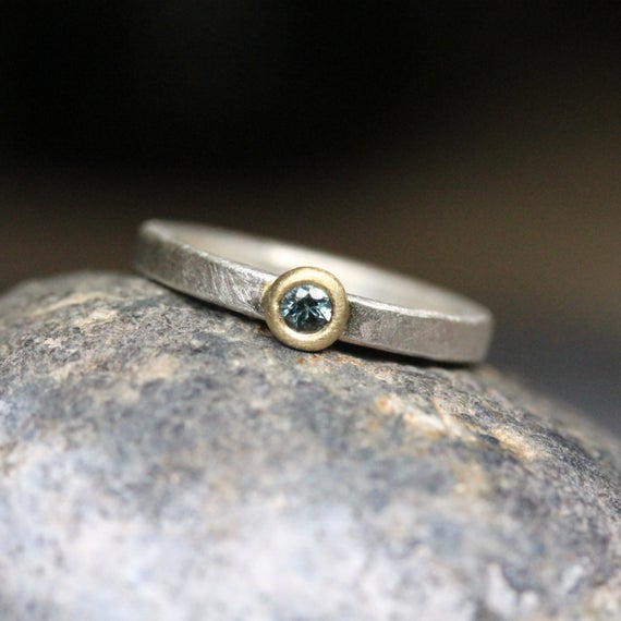 Simple Modern Sapphire Engagement Ring 18k Yellow Gold Silver Blueish Or Greenish Genuine Gemstone Minimalist Bridal Band - Cerulean Circle