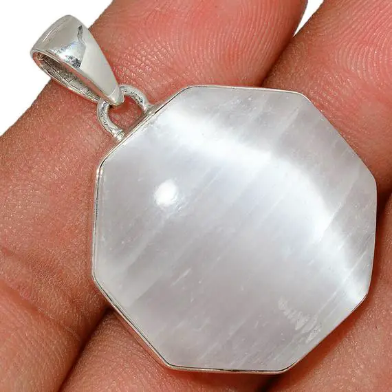 Very Beautiful Selenite Necklace, 925 Silver, Octogan