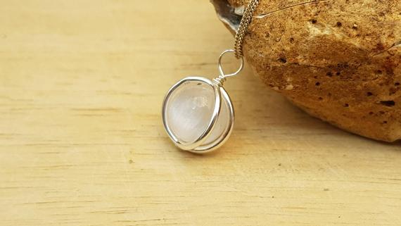 Minimalist Selenite Circle Pendant Necklace. Crystal Reiki Jewelry Uk. Sterling Silver Necklace. Wire Wrap Pendant