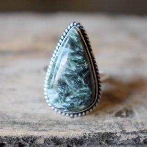 Shop Seraphinite Rings! Seraphinite ring, Statement Ring/ 925 Sterling Silver Ring/ Gifts for her/ Birthstone Jewelry/ Handmade Ring/ Boho Rings #B242 | Natural genuine Seraphinite rings, simple unique handcrafted gemstone rings. #rings #jewelry #shopping #gift #handmade #fashion #style #affiliate #ad