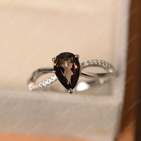 Smoky Quartz Ring, Silver 925 Wedding Ring, Pear Cut Gemstone Ring For Her
